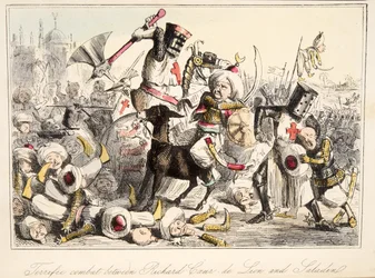 Fantastisk kamp mellom Richard Coeur de Lion og Saladin fra The Comic History of England, pub. 1864 (håndfarget etsning)