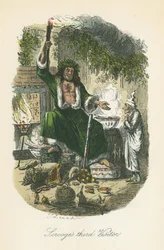The Ghost of Christmas Present vises for Scrooge. Illustrasjon av John Leech (1817-64) for Charles Dickens A Christmas Carol, London 1843-1834.