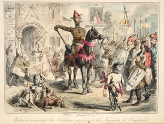 Vilhelm Erobreren inspiserer de frivillige før invasjonen av England, fra The Comic History of England, pub. 1864 (håndfarget etsning)
