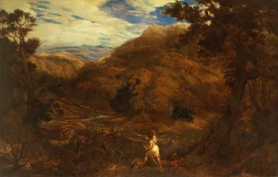 Et omfattende fjellrike skogslandskap med David og løven