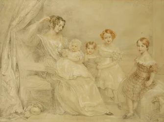 Portrett av fru W.S. Fry og hennes fire barn: Emma, Willy, Julie og Georgina, sittende i et interiør, 1840