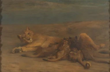 En løvinne med fire ammende unger, kalt "Mother's Love"