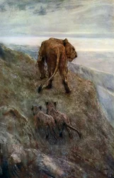 På vakt - Løvinne og unger, c1878-1910, 1912.