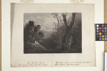 Satan betrakter Adam og Eva i paradis (mezzotint)