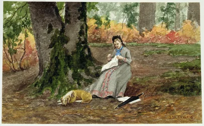 Kvinne som broderer under et tre