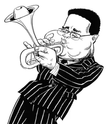 Dizzy Gillespie (John Birks Gillespie), karikatur av John Minnion