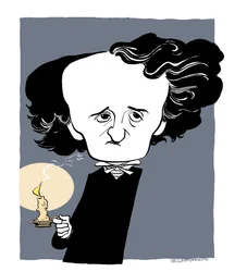 Edgar Allan Poe - karikatur, holder lysestake