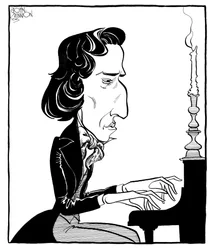 Frederic Chopin - karikatur av den polske komponisten og pianisten som spiller piano