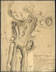 (Disposisjon av britiske tropper, med festningsverk nord for Fort Knipehausen, dvs. Fort Washington til Fort Independence. LOC gm71002317)