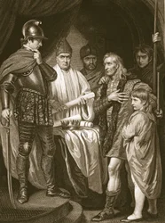 Baliol overgir sin krone til Edward I, gravert av J. Parker, illustrasjon fra David Humes 