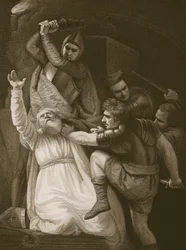 The Death of Becket, gravert av J. Stowe, illustrasjon fra David Humes 'The History of England', pub. av R. Bowyer, London, 1812