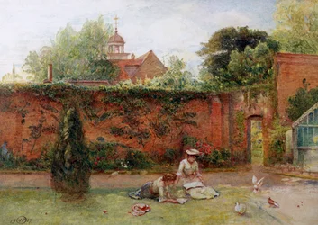 En inngjerdet hage. To unge tenåringer leser i en inngjerdet hage. Fugler nærmer seg dem. Maleri av John Parker (1839–1915) Privat samling