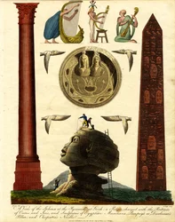 Et utsyn over sfinksen ved pyramidene i Giza: en patera fylt med portretter av Osiris og Isis; og skulpturer av egyptiske musikere; Pompeius#39; eller Dioklesians søyle; og Kleopatras nål