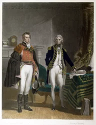 Et møte mellom generalmajor Sir Arthur Wellesley og viseadmiral Horatio Nelson, september 1805, gravert av Samuel William Reynolds (1794-1872), pub. av A.J. Isaacs
