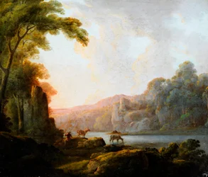 Scene ved innsjøen med kveg (olje på lerret)