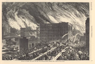 Chicago i flammer - rush for livet over Randolph Street Bridge, illustrasjon fra Harpers Weekly, 1871