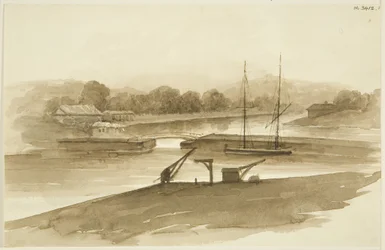 Prince Street Bridge og Ropewalk, sett fra Mud Dock (blyant og akvarell på papir)