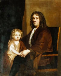 Portrett av Thomas Rowe og hans sønn, sittende tre-kvarts lengde, førstnevnte i brun kjole, sistnevnte i brun kjole og omslag,