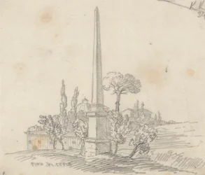 En obelisk med tak og trær i det fjerne