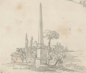 En obelisk med tak og trær i det fjerne