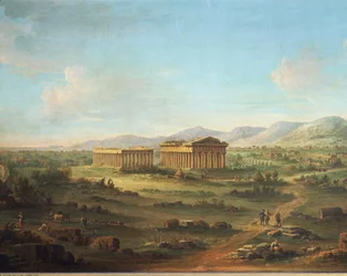 To store templer i Paestum, Basilica til venstre og Temple of Neptun eller Poseidon til høyre, av John Robert Cozens