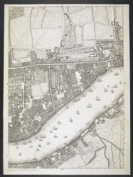 Plan over London, Ratcliff motorvei, Upper Shadwell road,  En plan over byene London og Westminster, og bydelen Southwark; : med de sammenhengende bygningene; Fra en faktisk undersøkelse, / tatt av JOHN ROCQUE, Land-Surveyor, og gravert av John Pine,  J