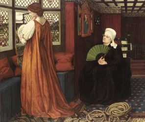Pre-rafaelittiske malerier: Juliet og hennes sykepleier (Juliette et sa nourrice) av Stanhope (Spencer-Stanhope), John Roddam (1829-1908). Olje på lerret
