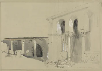 The Great Square at Torcello, 1850 (penn, blekk og vask over grafitt med gouache på brunt vevd papir)