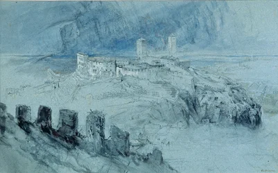 Utsikt over Bellinzona (kull og wc-vask på papir)