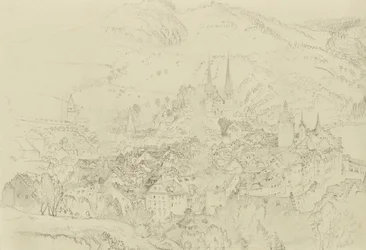Utsikt over Luzern ovenfra, oktober-desember 1861 (grafitt med innslag av penn og blekk på blekgrå vevd papir)