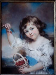 Portrett av en liten jente i kurven med kirsebær. Maleri av John Russell (1745-1806), 19. århundre