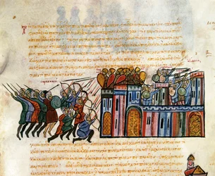 Angriper en høyborg, miniatyr fra "Synopsis historiarum", ca. 1126-1150