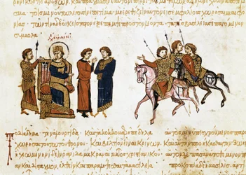 Kroningen av den bysantinske keiseren Leo 5. armeneren (775-820), miniatyr fra «Synopsis historiarum», ca. 1126-1150