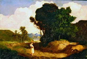 Landskap med figur (olje på panel)