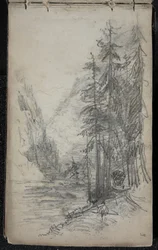 Fjelllandskap med trær, 1871-72 (grafitt på mørklagt off-white vevd papir)