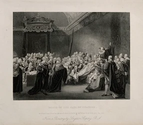 William Pitt, Lord Chathams død i Overhuset i Palace of Westminster, 1778. Gravering etter J. Copley, 1779.