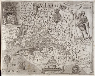 Kart over Virginia, oppdaget og beskrevet av kaptein John Smith, 1606, gravert av William Hole (virksom 1607-24), utgitt 1612
