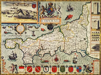 Kart over Cornwall fra «Theatre of the Empire of Great Britain», utgitt i London av George Humble, utgave fra 1627