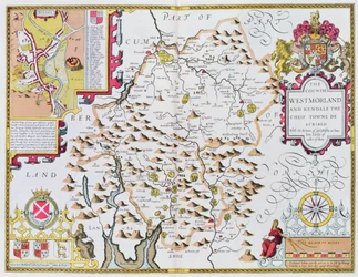 The Countie of Westmorland, gravert av Jodocus Hondius (1563-1612) fra John Speeds Theatre of the Empire of Great Britain, pub. av John Sudbury og George Humble, 1611-12 (håndfarget kobber engra