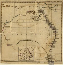 Et nytt kart over New Holland hvor New South Wales er avgrenset, og en plan for Botany Bay. LOC 00556400