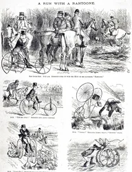 En tegneserie som viser en mann som jakter på en trehjulssykkel. Illustrert av John Tenniel (1820-1914), en engelsk illustratør, grafisk humorist og politisk tegneserieskaper