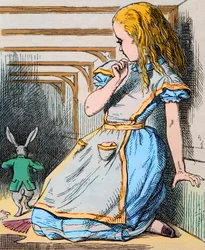 Alice og Den hvite kaninen. Illustrasjon av John Tenniel fra førsteutgaven av Lewis Carrolls "Alice i Eventyrland", 1865 - Illustrasjon til fortellingen "Alice i Eventyrland" av Lewis Carroll (Charles Lutwidge Dodgson)