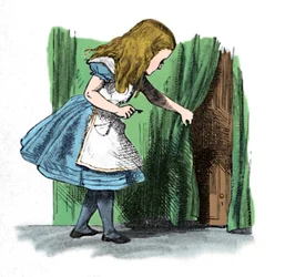 Alice ser på en liten dør bak et gardin, 1889