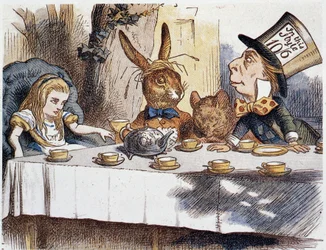 Alice tar «» hos dårene»»» - i «Alice i Eventyrland og Gjennom speilet» av Lewis Carroll, illustrasjon av John Tenniel (1820-1914)