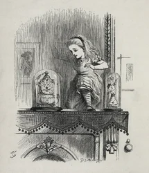 Alice går gjennom speilet - I «Alice i Eventyrland og Gjennom speilet» av Lewis Carroll, illustrasjon av John Tenniel (1820-1914)