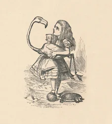 Alice prøver å spille krokket med en flamingo som klubbe, 1889