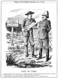 Cecil John Rhodes (1852-1902) engelskfødt sørafrikansk statsmann, som ber den tyske keiseren om tillatelse til å kjøre en telegraflinje gjennom det tyske Øst-Afrika. Cape To Cairo, tegneserie av John Tenniel fra 'Punch', London, 22. mars 1899. Grav