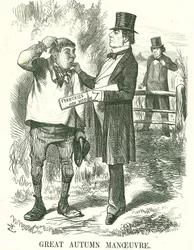 Stor høstmanøver: Gladstone mente at avstemningen til slutt måtte gis til landbruksarbeidere (Hodge). På dette tidspunktet var premierskapet hans ustabilt, og Disraeli venter på å ta plassen hans. John Tenniel tegneserie fra Punch, London, 9. august 1873.