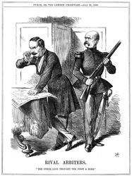 Napoleon III (1808-1873), keiser av Frankrike 1852-1870, og Otto von Bismarck (1808-1783), kansler i Preussen, deler Europa mellom seg. Deres motstridende ambisjoner førte til den fransk-prøyssiske krigen 1870-1871. Karikatur av John Tenniel fra Punch
