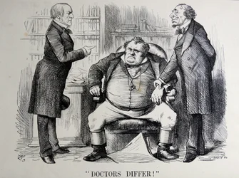 Politisk satire som skildrer William Ewart Gladstone, Benjamin Disraeli og John Bull